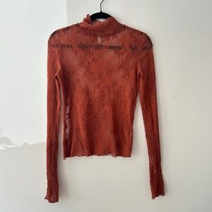 Free People Long Sleeve Lace Layering Top in Rust